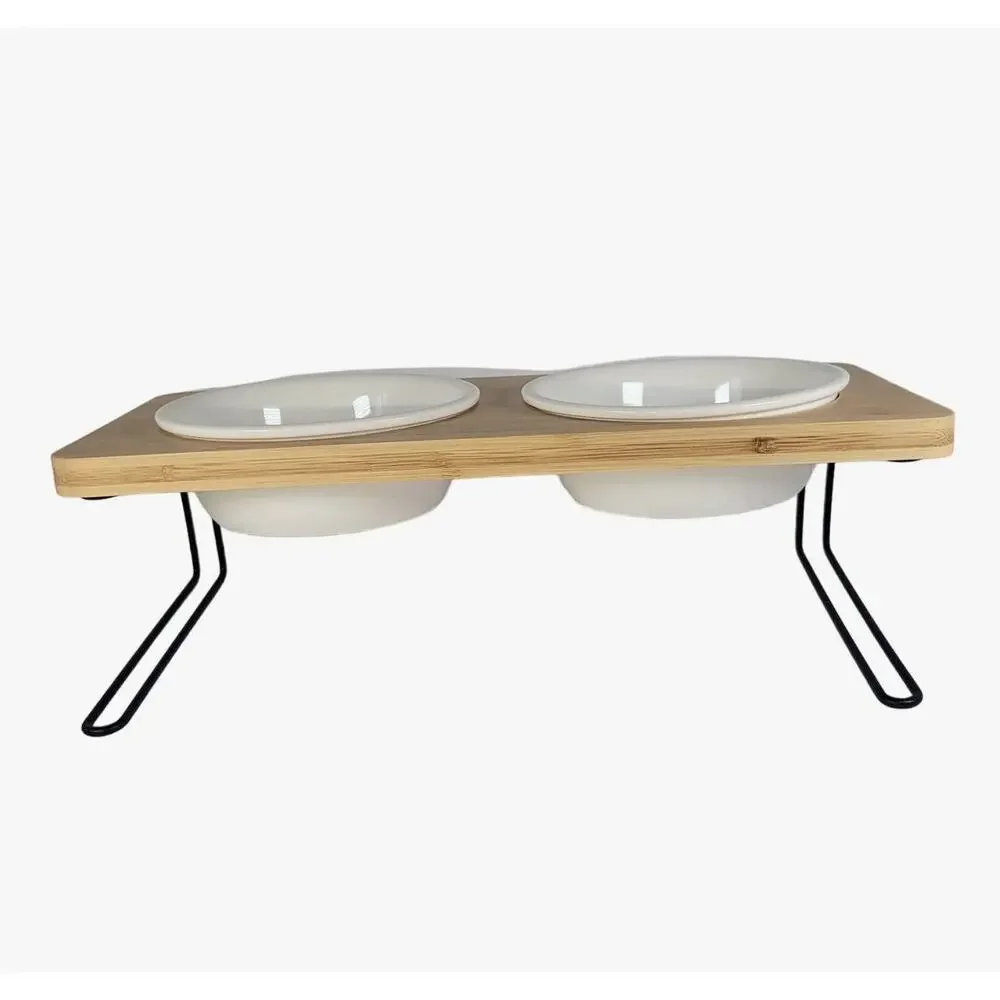 Elevated Bamboo Dog Bowl Stand with White Bowls